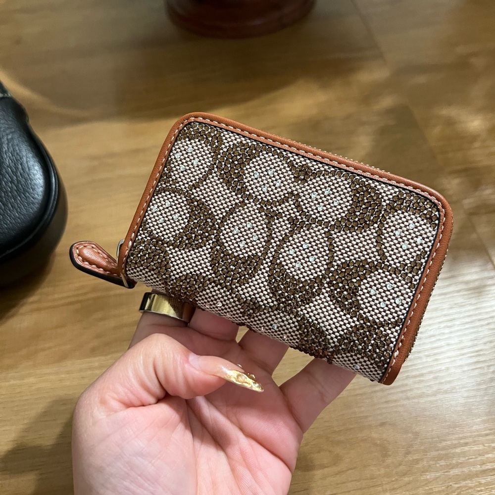 Coach Crystal Signature Canvas Mini Zip Wallet Brown Leather Trim